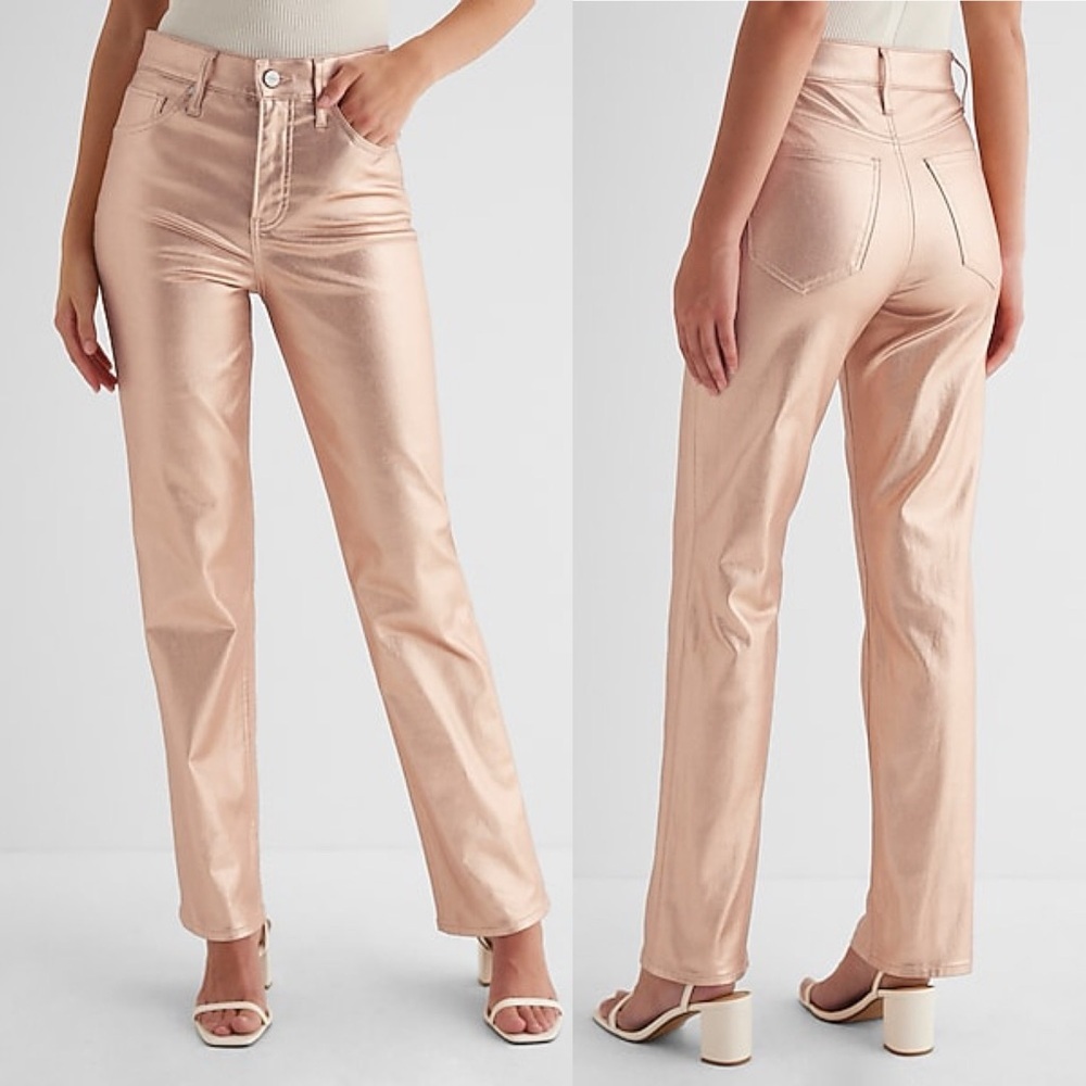 NWOT Women EXPRESS High Waist Metallic Coated Modern Straight Jean Rose Gold 2R